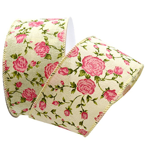 Springtime Splendor Pink Rose on Woven Cream Wide Wired Ribbon 10 Yards