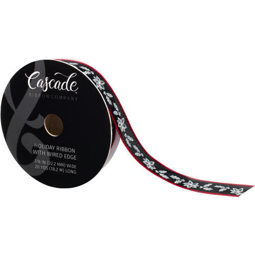 Holly Berry & Poinsettia White on Solid Black Wired Ribbon 15 Yards