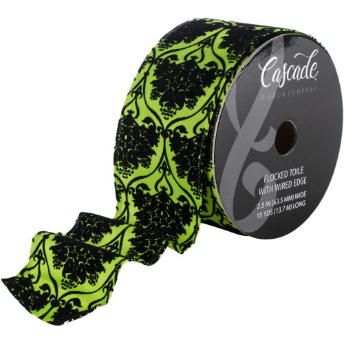 Black Flocked Bouquet Toile on Bright Green Wide Wired Ribbon 15 Yards