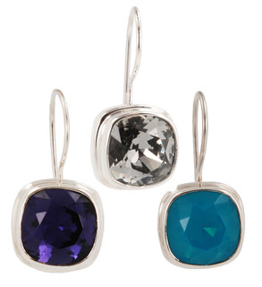 Swarovski Crystal 10mm Cushion Cut Gemstone Earrings (left to right) in Purple Velvet, Black Diamond, Caribbean Blue Opal