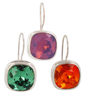 Swarovski Crystal 12mm Cushion Cut Gemstone Earrings (left to right) in Erinite, Cyclamen Opal, Fire Opal