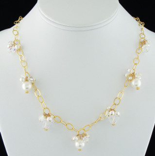 Pearl & Clear Cluster Necklace in 18K Gold Vermeil