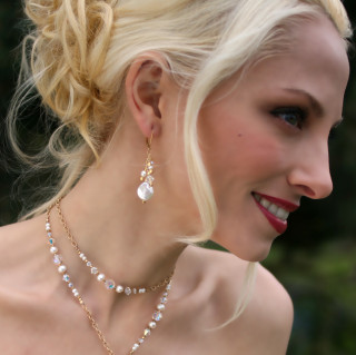 Coin Pearl Cluster Earrings in 18k Gold Vermeil, shown with Coin Pearl Lariat.