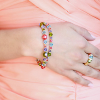 Double Bracelet shown in 18K Gold Vermeil Garden - Olivine, Tanzanite, Aquamarine & Padparadscha Swarovski crystals. Shown with Stretch Ring 18K Gold Vermeil Garden.