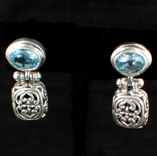 Oval Gemstone Post Dangle Earrings in Blue Topaz