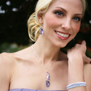 Dream Necklace shown with the Dream Earrings & Swarovski Crystal Stretch Bracelets in Crystal (Clear), Tanzanite & Aquamarine.