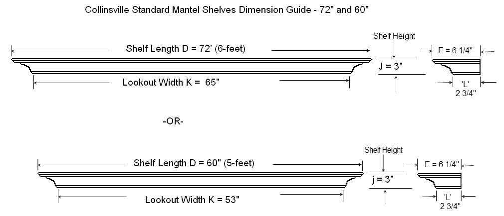 Collinsville Standard Size Mantel Shelf Specification Diagram