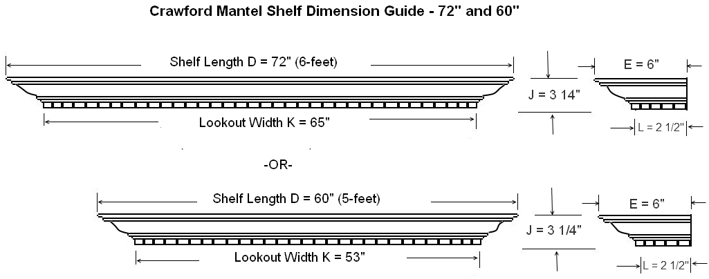 Dimension Guide for Crawford Standard Mantel Shelves
