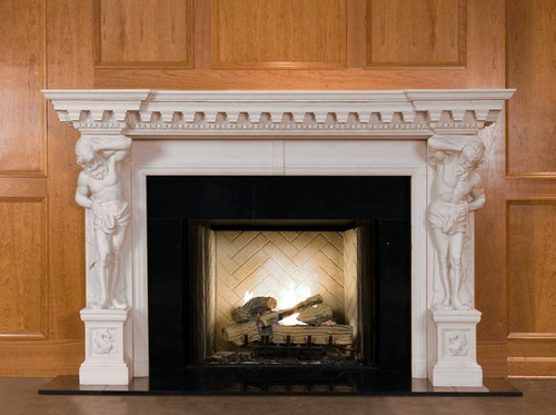 Marble mantel in white limestone, shown with black granite facing