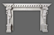 Hercules, son of Zeus in Greek mythology, is depicted in the stanchions of this Greco-Roman Marble Mantel in White Limestone