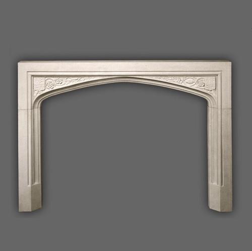 This Limestone Mantel Surround in English Tudor design originates from about 1500. The Coat of Arms include Lions and Fleurs de Lis. Also known as a Gothic Arch.