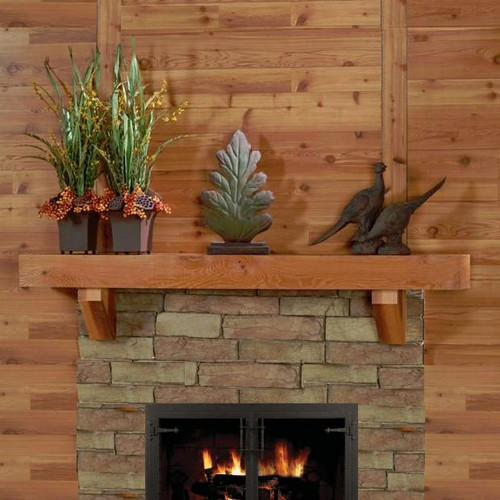 The Rustic Red Cedar mantel shelf is shown with the corbel brackets in the rough sawn finish option
