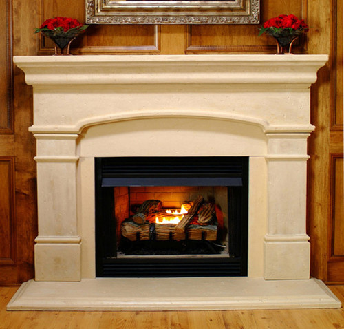 Arched sandstone mantel, with adjustable facing panels and optional hearth, Sandstone