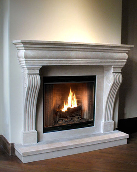 Purchase the Regal cast stone fireplace mantel with both traditional and contemporary elements. Custom up to an 84-inch shelf.