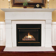 This transitional stone fireplace mantel adjusts to fit a variety of fireplace sizes