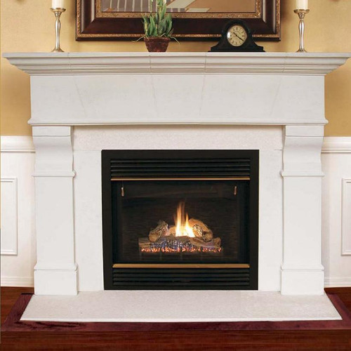 This transitional stone fireplace mantel adjusts to fit a variety of fireplace sizes