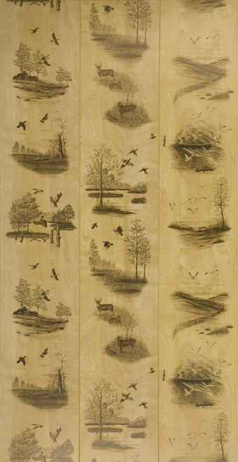 Full 4 x 8 Sheet of Nature's Woods Wall Paneling.  Grooves every 16" and randomly placed nature scenes.  Deer and Duck paneling