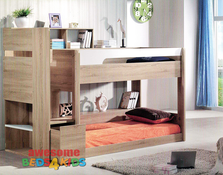 Springbrook Low Line Bunk Bed is a great option for space saving with younger kids. Awesome use of space with a bookcase and shelf with easy walk up stairs. Pull out wheel drawer at bottom step to use as a toy box. Available in Oak/White as per picture. Single Only.