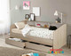 Cairns Day Bed with Under Bed Drawers is a very modern and practical bedroom space saving solution for boys or girls. Great solution for small bedrooms with limited storage. Bed includes bookcase running the length of the  bed and two massive under bed drawers. Awesome Value! Modern laminated light oak colour. 