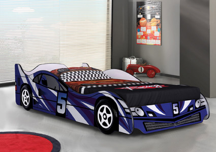 The Blue Racer No5 car bed features 3D wheels and is finished in bright gloss laminated finish. The perfect first bed for all kids.