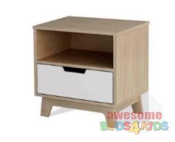 Sidney Bedside Table. The stylish two-tone design of the bedside table brings a touch of class to any room. The drawer sits on metal easy to slide runners that will run smoothly when your kids need to use it.