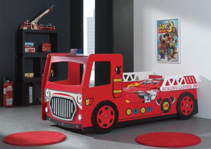 The Modern Red Fire Engine Bed with Led Head Lights (Battery Operated) features an exciting design with steering wheel.