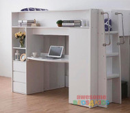 Boho Space Saver Bunk Bed is a great option for space saving. Awesome use of space with a drawers, cupboard, desk and plenty of shelf space. Great size desk for study and drawing. White or Mocha/White