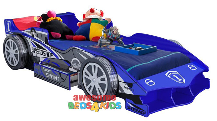 blue race car bed