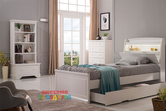 Amber features LED lights plus a handy pull down storage in the headboard as well as plenty of space for books and trinkets etc. Complete with storage trundle drawer, which is great for kids sleepovers and extra storage. Single or King Single.