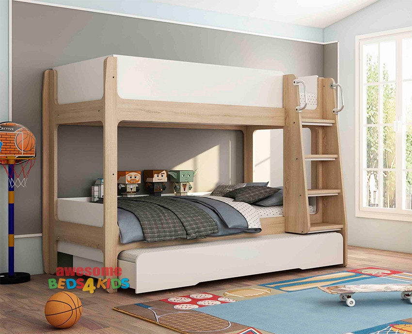 Newport Bunk Bed with Trundle Single is an great modern bunk bed for kids. A great feature is the lower bunk comes with a guard rail around end and back of bunk.