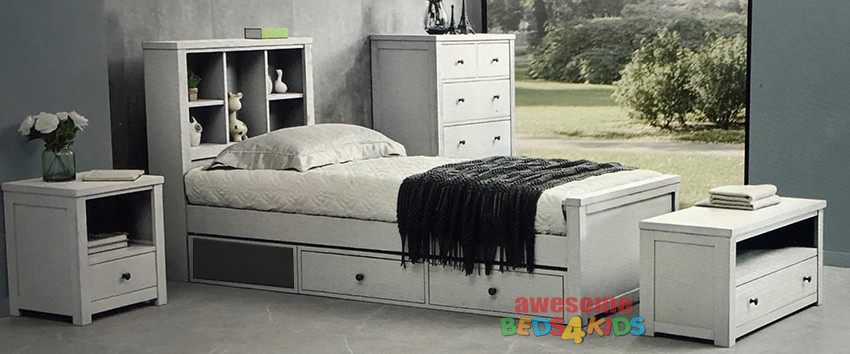 Zillmere Bed Frame features a fantastic storage bed head with shelves and plenty of space to display your kids favorite things.