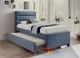 Ryde Upholstered Bed Frame with Trundle is a contemporary bed frame available with a pull out trundle bed. Upholstered in blue mint fabric.