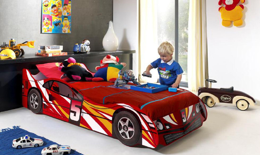 The Blue Racer No5 car bed features 3D wheels and is finished in bright gloss laminated finish. The perfect first bed for all kids.