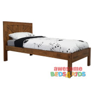 The Single & King Jayden bed is made from solid rubber wood to create a modern and strong bed.  Distressed finish in pecan brown with random gouges.