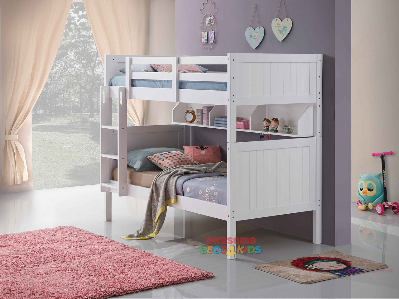 Regatta Single Bunk features a modern style bunk bed with an closed slated head and foot boards. Great shelf storage for the bottom bunk.