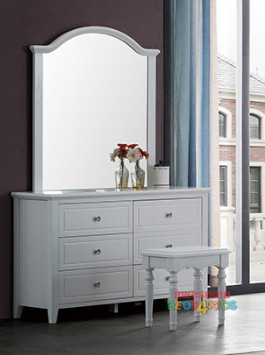 Amber Dressing Table features six drawers and a beautiful mirror. All drawers are on metal runners. Ivory stain only. * Please note stool extra cost.