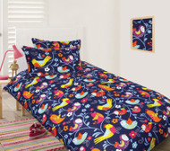 Bright Birds quilt cover set is made from a 100% Polyester. Washes easily & dries quickly. Glows in the dark.