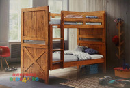 Ranch Bunk features a barnyard style design. Beautiful distressed rustic look natural timber bunk bed, thick solid head and footboards. Available in Pecan Brown (Pictured). Single Only.