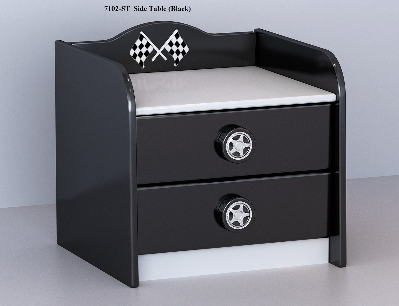 F1 Two Drawer Bedside completes your child's bedroom racing car theme. Great storage and great value for money. Available in Black. Co-ordinates with most of the novelty beds.