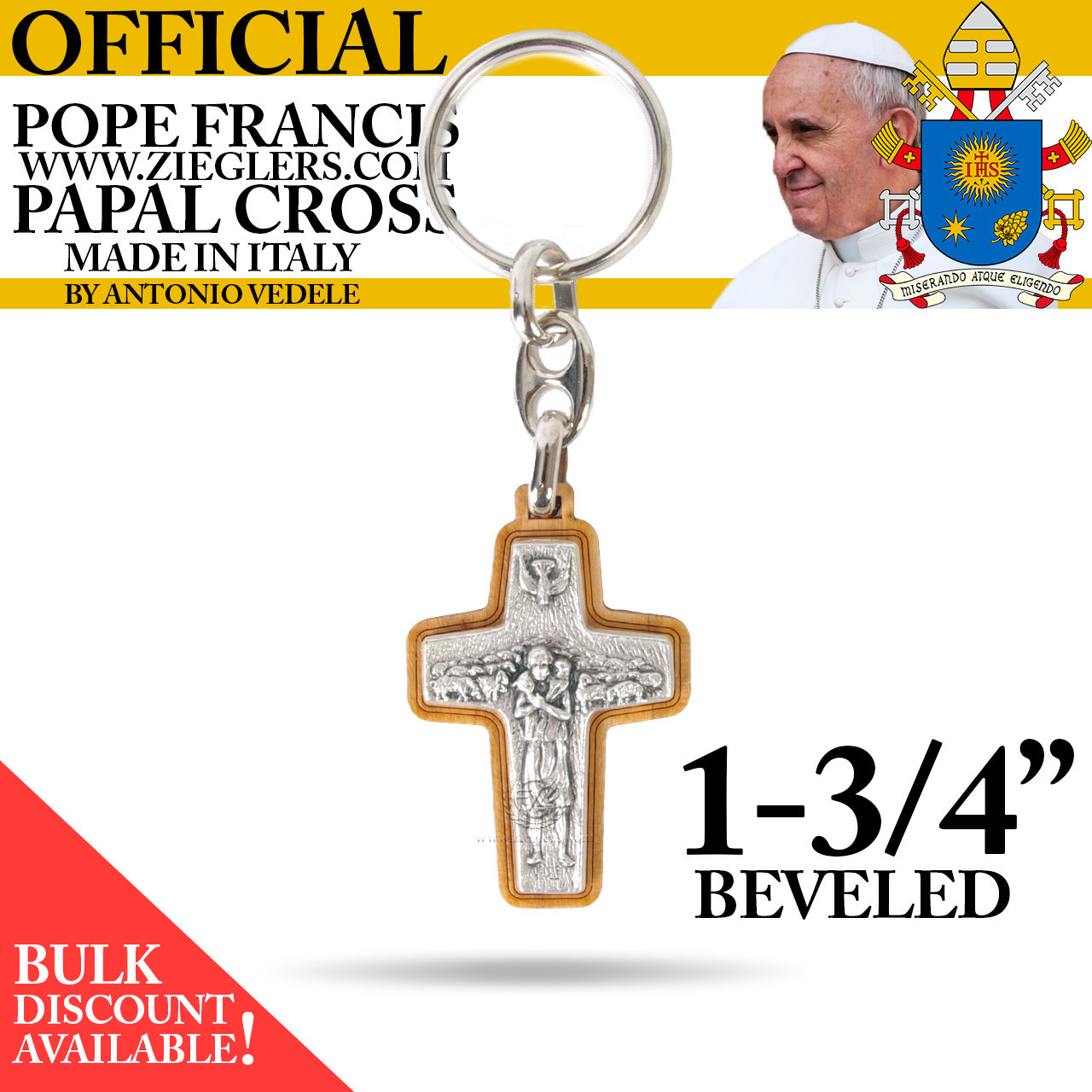Official Pope Francis Papal Cross Beveled Keychain 1 3 4 inch made of Olive Wood and metal with image of Holy Spirit dove and good shepherd with sheep made in Italy PC181