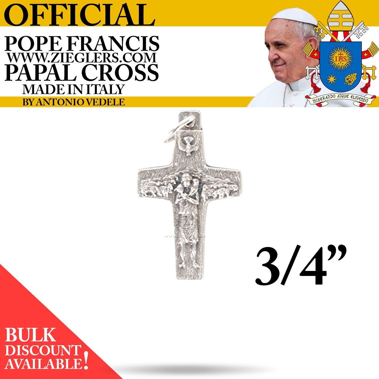 Official Pope Francis three fourths inch Papal Cross made of oxidized metal with image of Holy Spirit dove and good shepherd with sheep made in Italy G350
