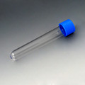 Polystyrene (PS) test tube with attached blue screw cap