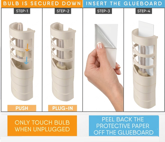How to insert the Glue Board Instructional guide for FlyWeb Classic featuring off-white housing and white glue board