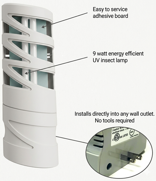 Modernized FlyWeb Classic details showing 9 watt UV lamp and wall outlet plug