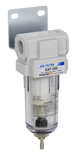 PneumaticPlus SAF400-G04B Compressed Air Particulate Filter 1/2 BSPP Poly Bowl Bracket Manual Drain 10 Micron