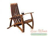 Wide and solid this five Stave back Adirondack-style chair is made entirely from thick wine barrel oak staves. High contoured back and concave seat area, as well as curving armrests, adds to the comfort. 