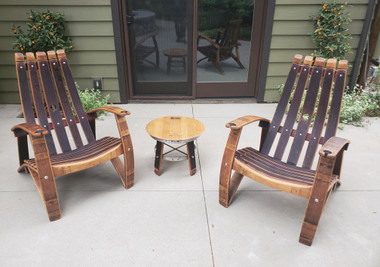 Wide and solid this five Stave back Adirondack-style chair is made entirely from thick wine barrel oak staves. High contoured back and concave seat area, as well as curving armrests, adds to the comfort. 