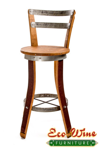 This Wine Barrel Swivel Chair handcrafted with a contoured back and seat. Lower foot rungs add to the comfort of this sturdy oak chair. Use as a barstool or as part of a bistro set for kitchen or patio. Stave legs out.