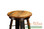 The  Stool has a unique, sturdy design including arched legs, a flat round seating surface of inlaid American  Oak, and a footrest made with rusty steel barrel rings.
