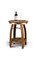 Rustic wine barrel side table made from reclaimed oak wine barrels with round barrel head top and lower shelf